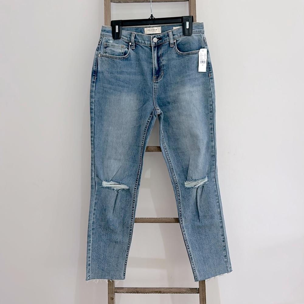 Pacsun Vintage Icon High Rise Distressed Knees Raw Hem Jukebox Blue NWT